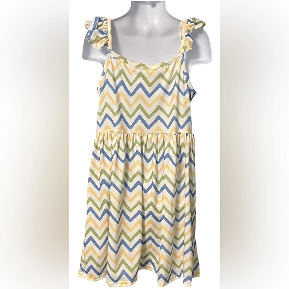 Chevron Patterned Blue White Green and Yellow Ruffle Tank Dress NWOT Boutique
